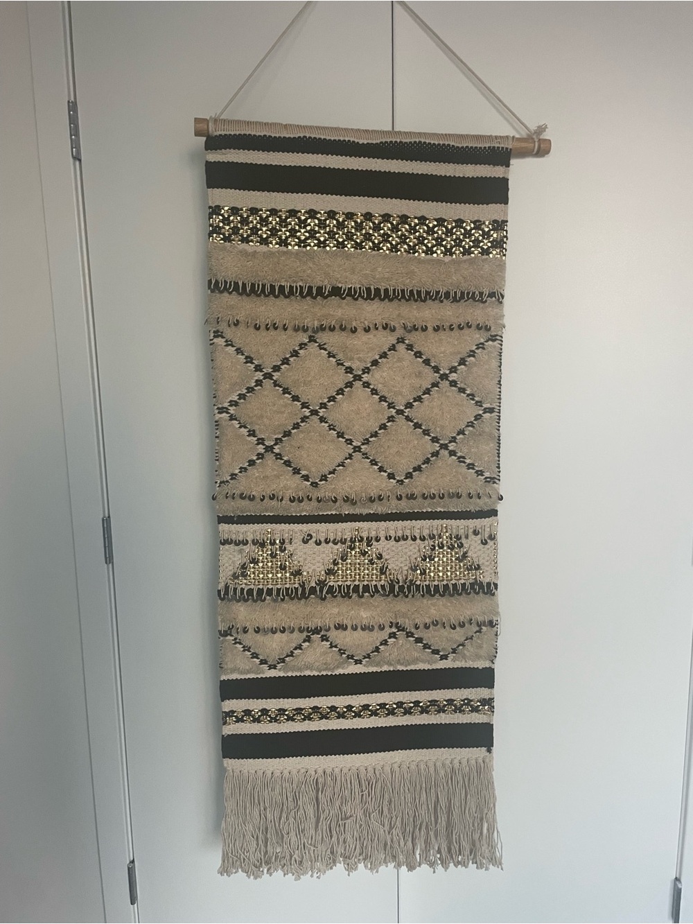 Sequin and Shag Neutrals Fringe Woven Wall Hanging Moroccan Style